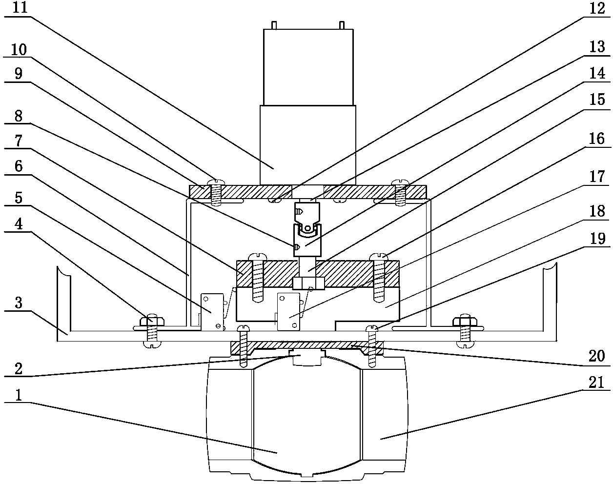 Angle toggle electric valve device prepared from manual ball valve and additionally mounted micro gear motor