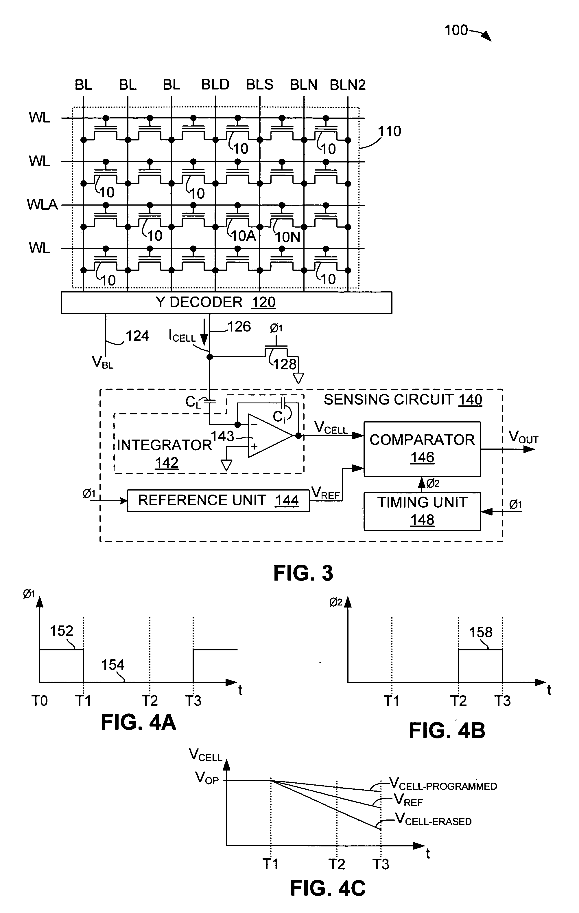 Integrator-based current sensing circuit for reading memory cells