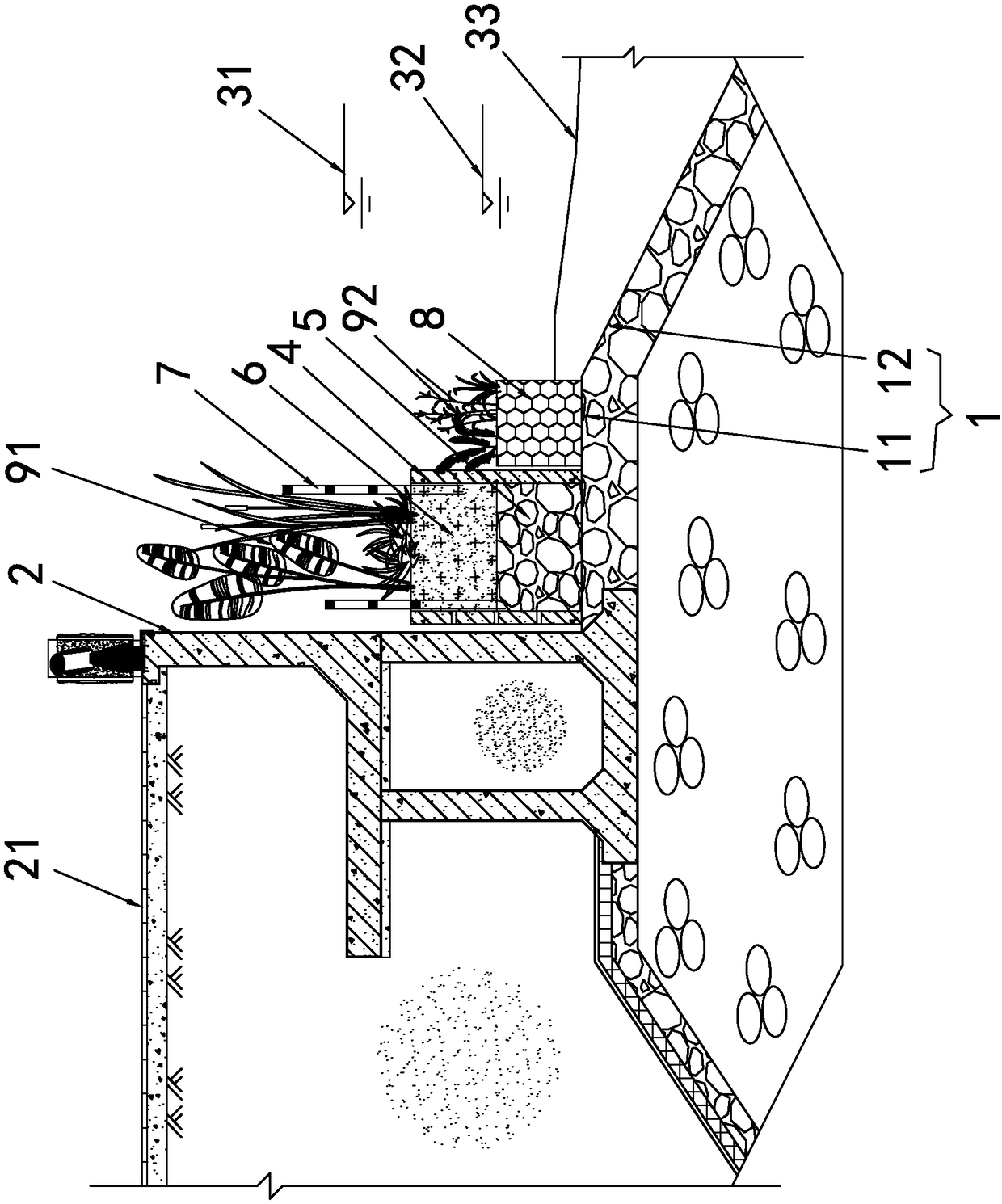 Ecological structure and reconstruction method of vertical type bund in tidal river reach