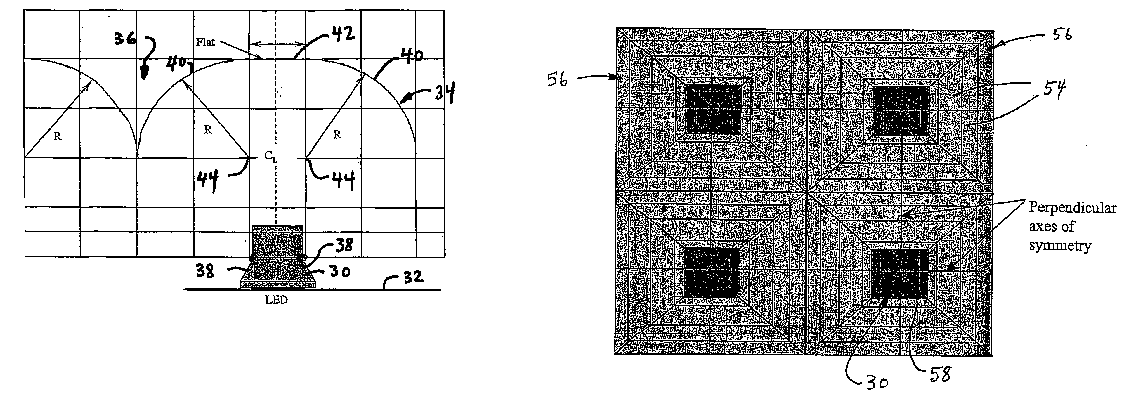 Collection optics for led array with offset hemispherical or faceted surfaces