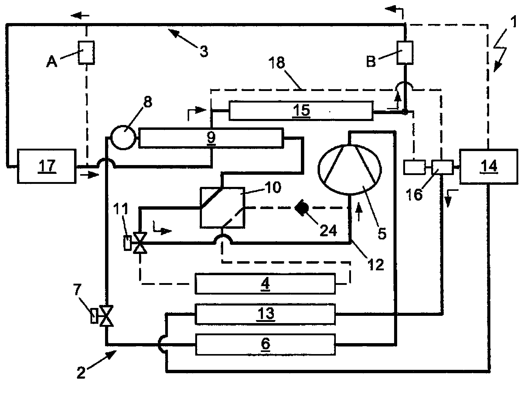 Device and method for heat distribution in motor vehicle