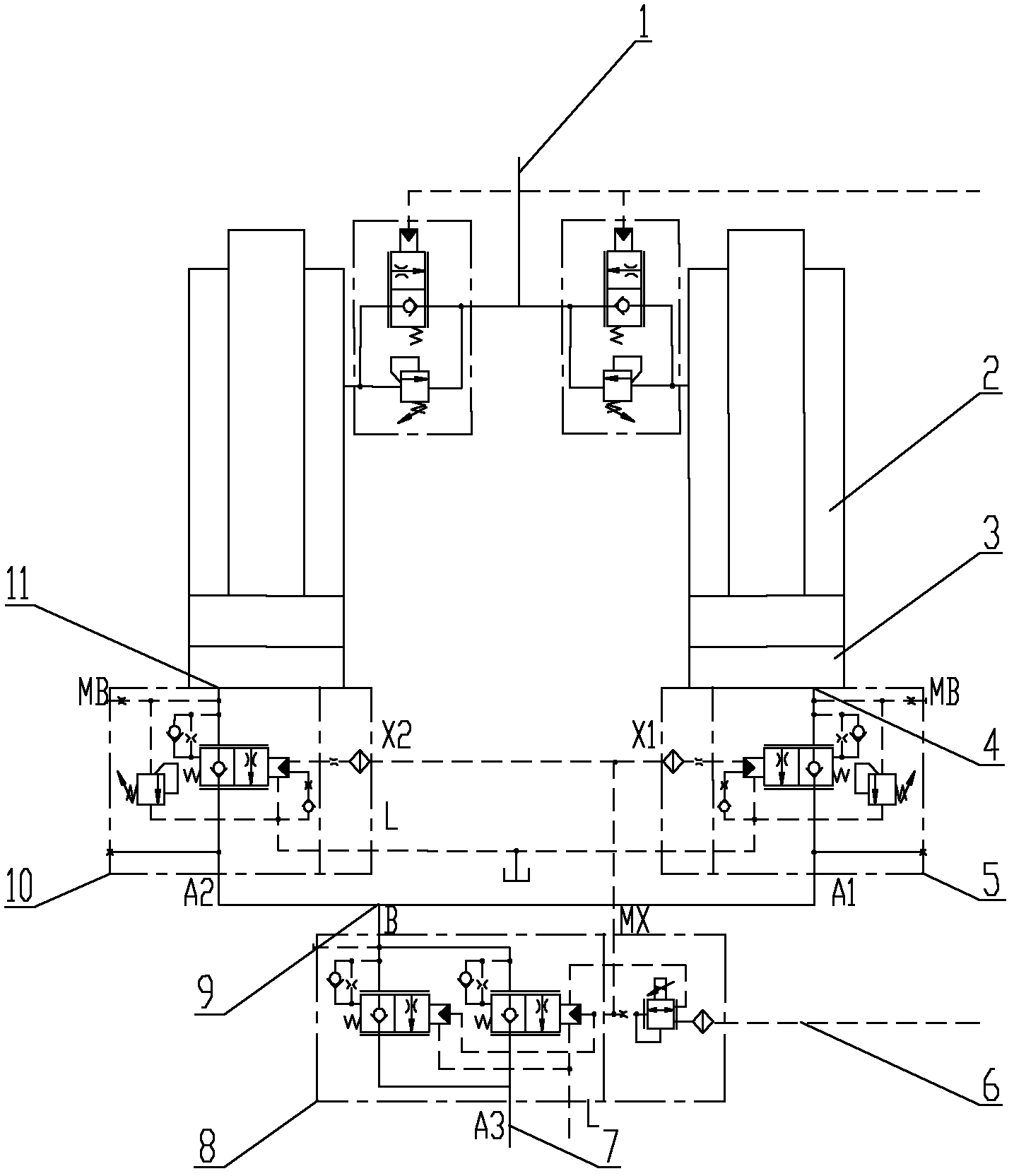 Double-cylinder synchronous control hydraulic system and engineering machinery