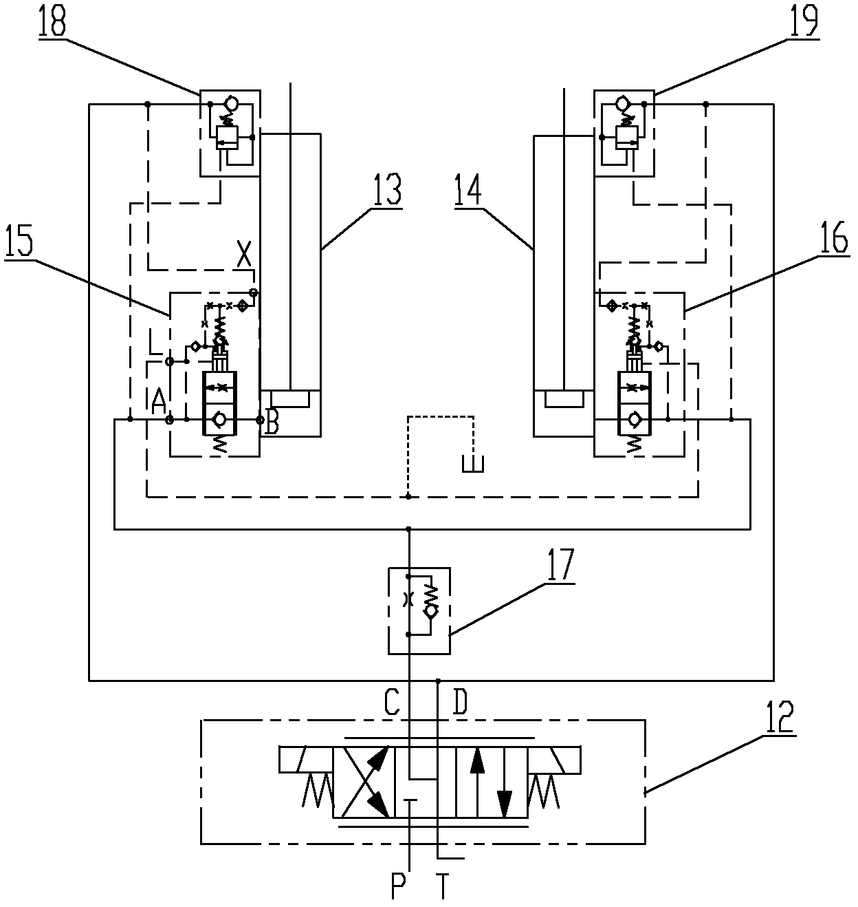 Double-cylinder synchronous control hydraulic system and engineering machinery