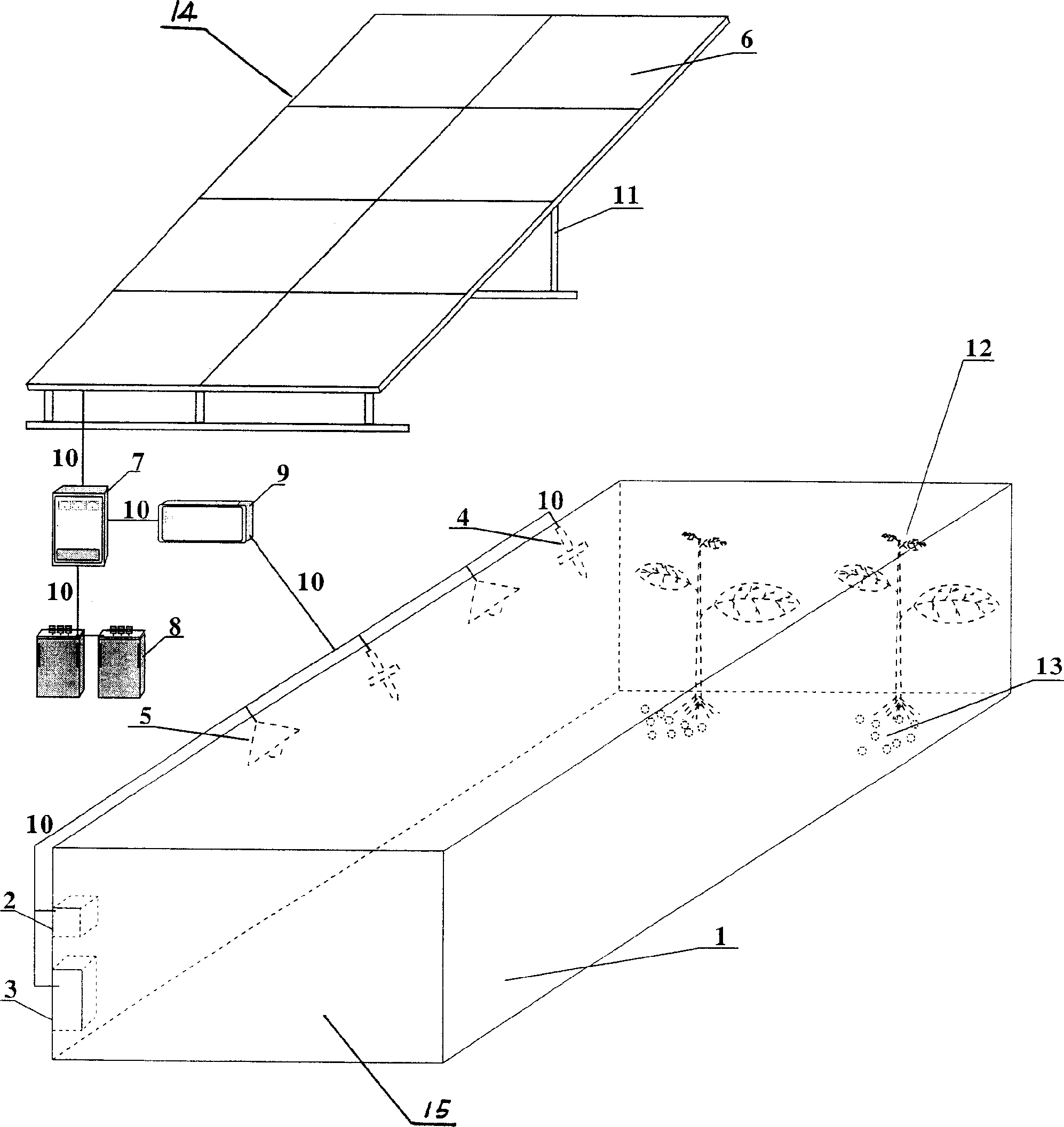 Cultivating device for applying solar energy photovoltaic generating system in forest seedling nursing and its producing method