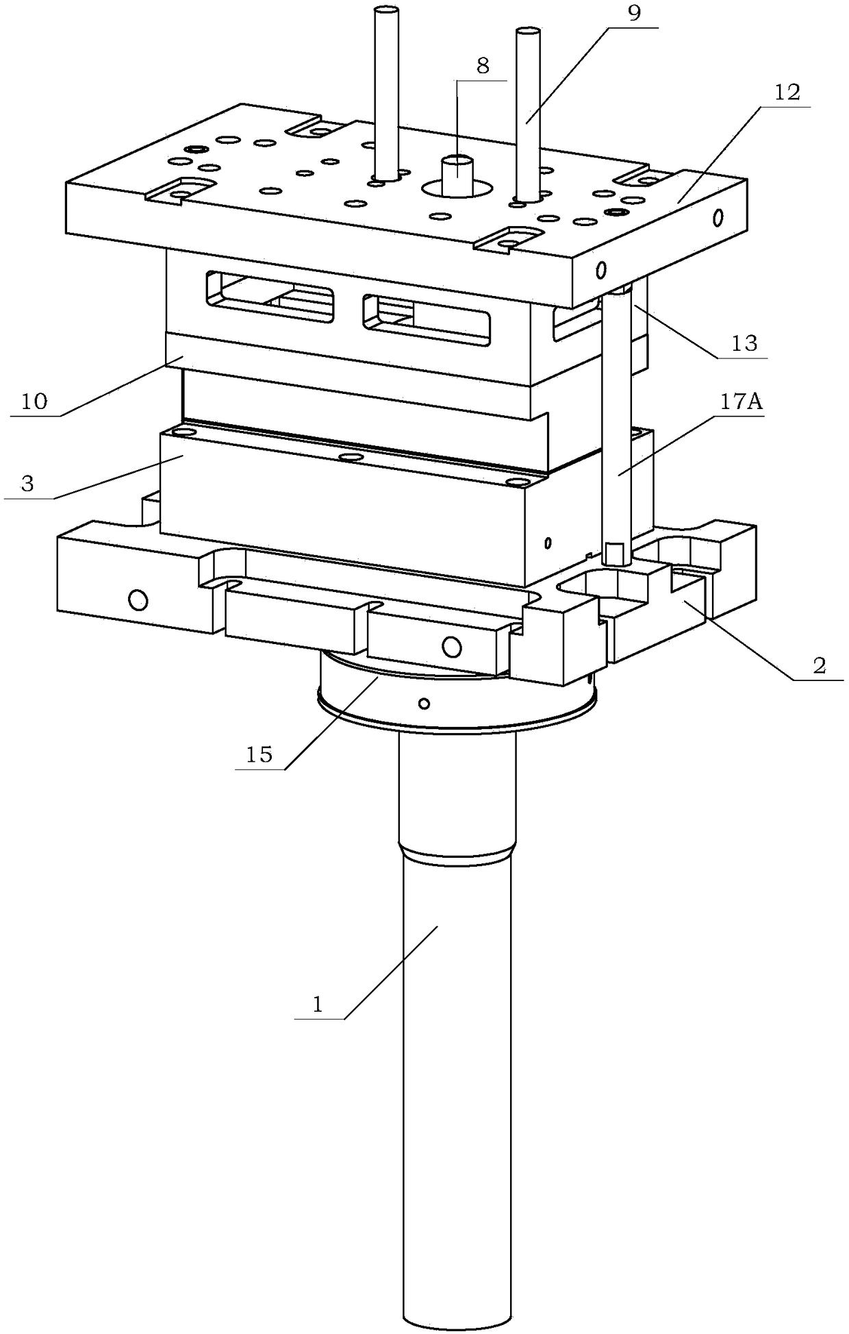 Low-pressure mold filling and high-pressure solidifying casting device and casing method for low-pressure supercharged casting machine