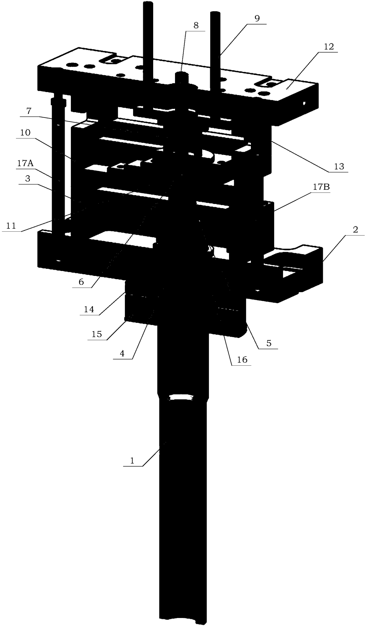 Low-pressure mold filling and high-pressure solidifying casting device and casing method for low-pressure supercharged casting machine