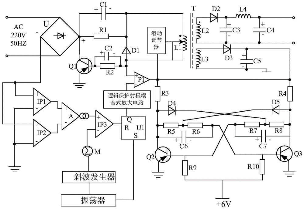 Nonlinear negative feedback logic protection emitter coupling type switch voltage stabilizing power source