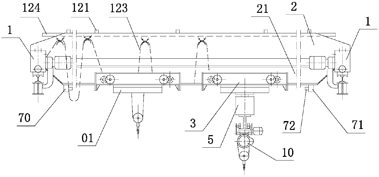 Crane provided with double trolleys and anti-tipping balancing end beams