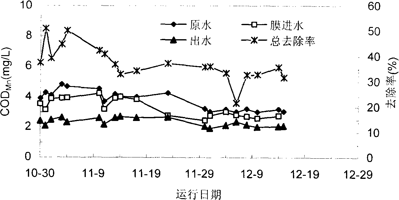 Technological process and apparatus for drinking water treatment by film method