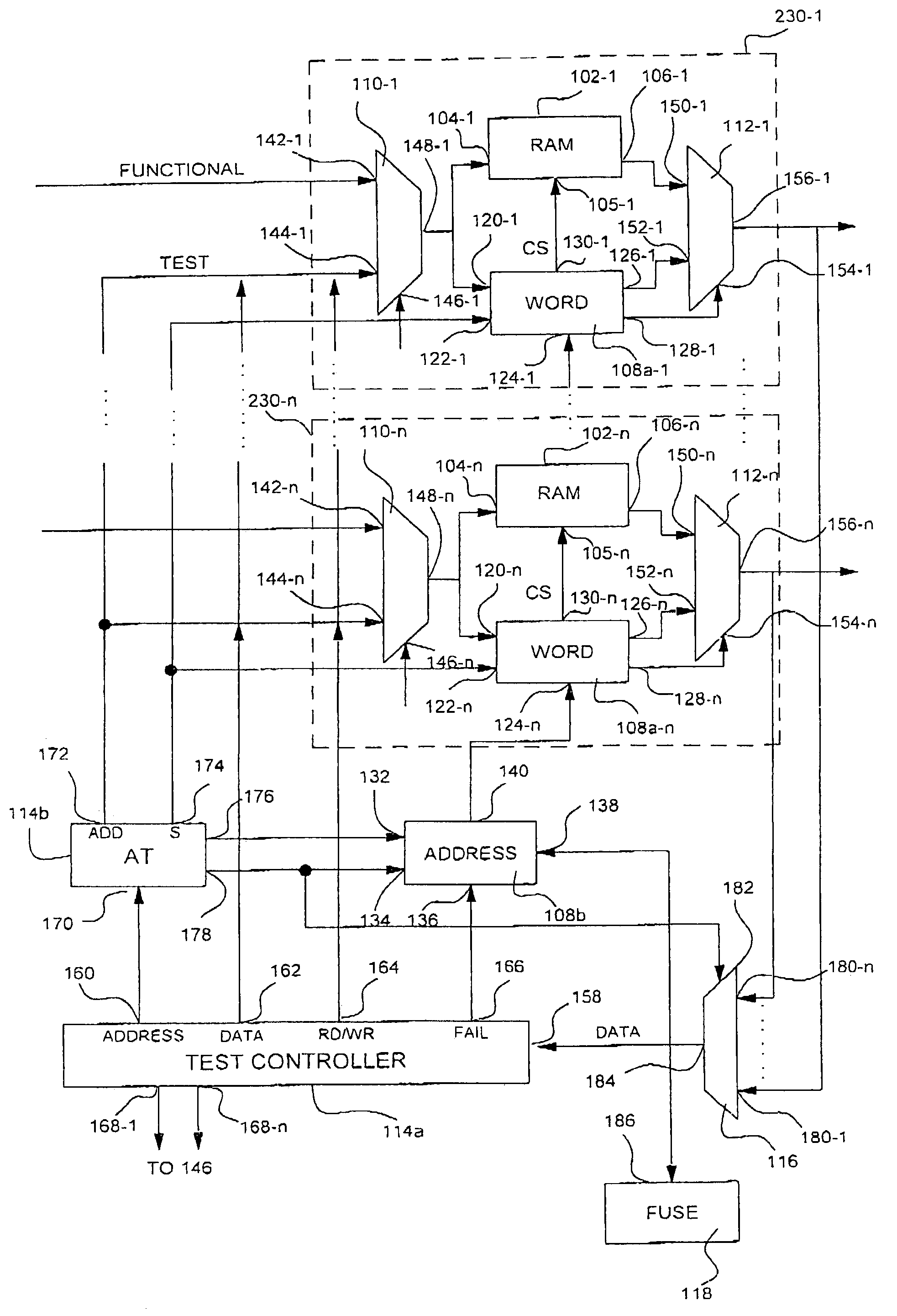 System for testing a group of functionally independent memories and for replacing failing memory words