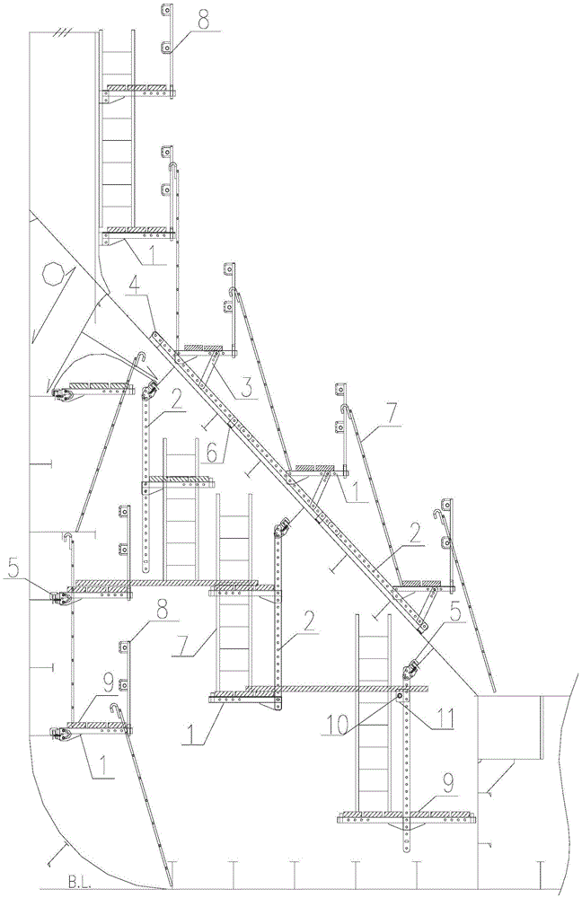 Method for building scaffolds in closing stage of bottom side tank of bulk cargo ship cargo hold