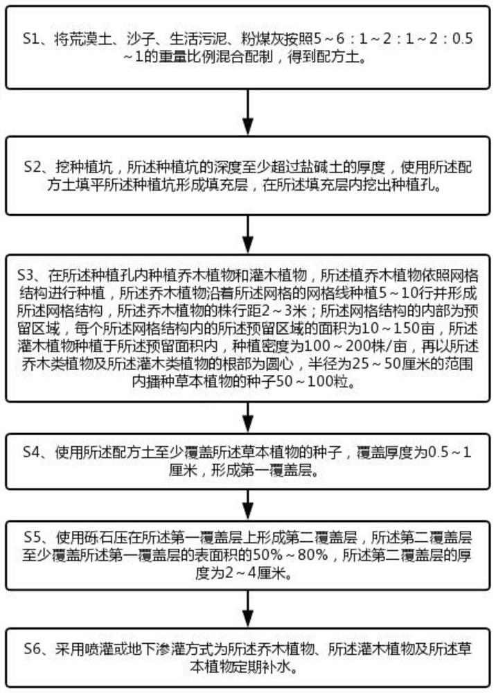 Vegetation planting method suitable for arid saline-alkali soil coal mine area