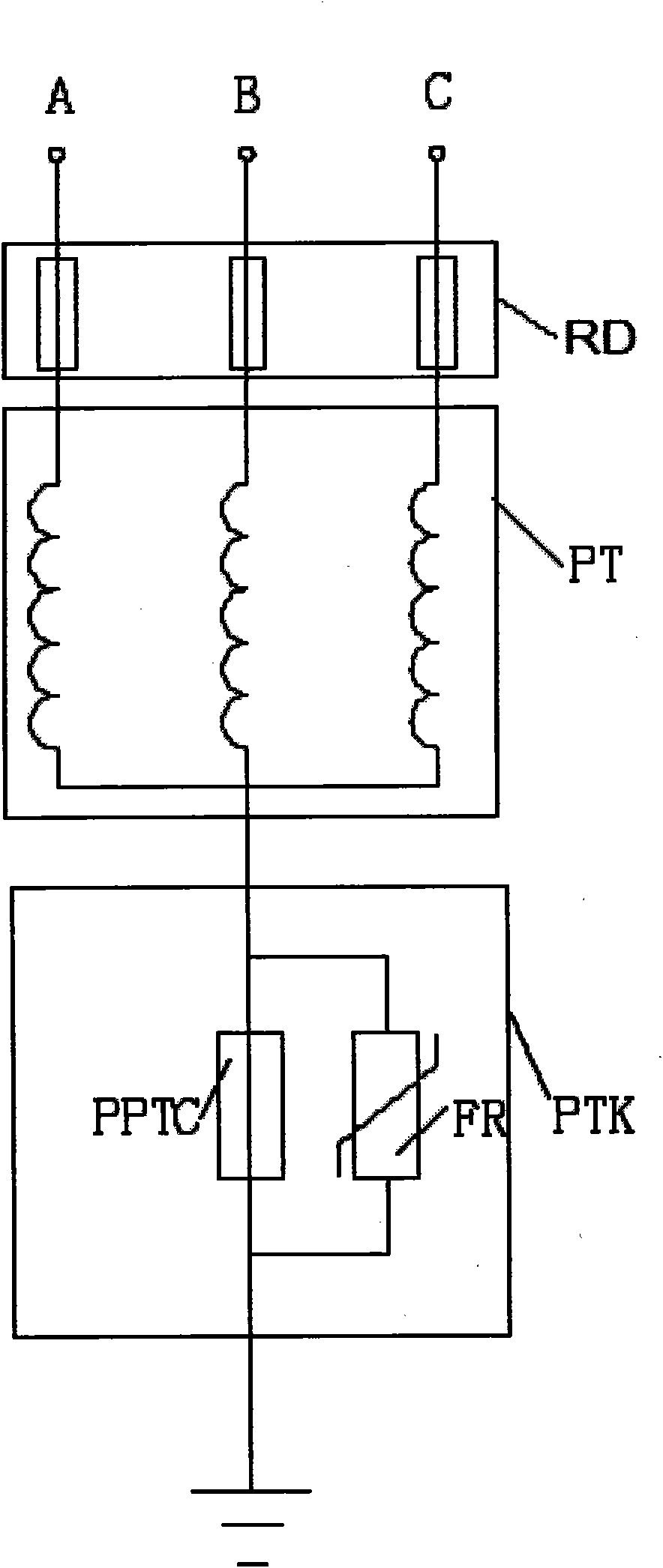 Harmonic elimination protector for electromagnetic potential transformer (PT) of three-phase electric network