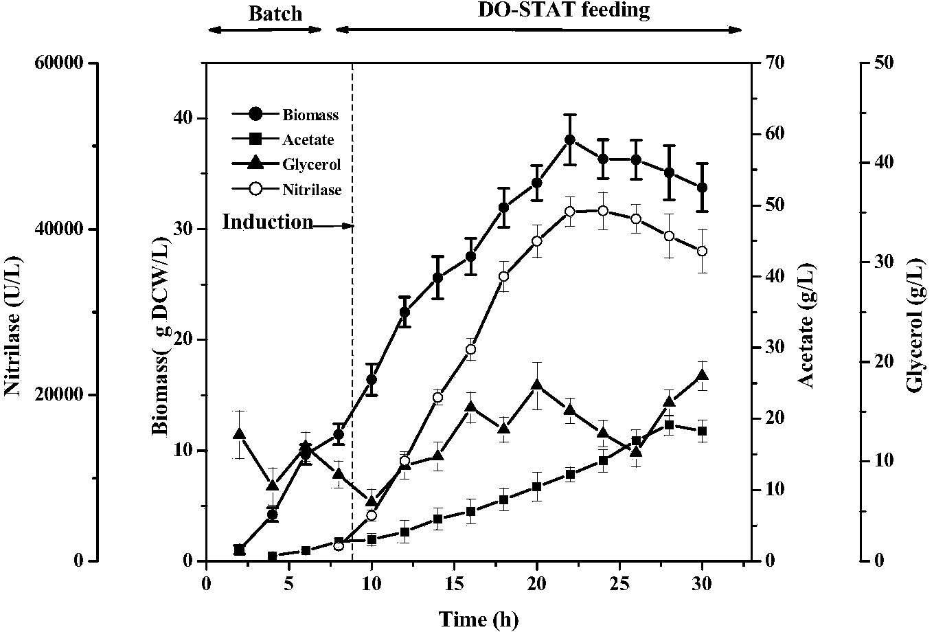 High-density fermentation method of engineering bacteria containing nitrilase