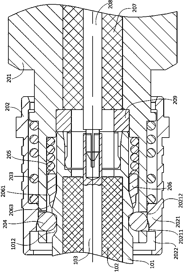 Rapid-plug and self-locking radio-frequency connector