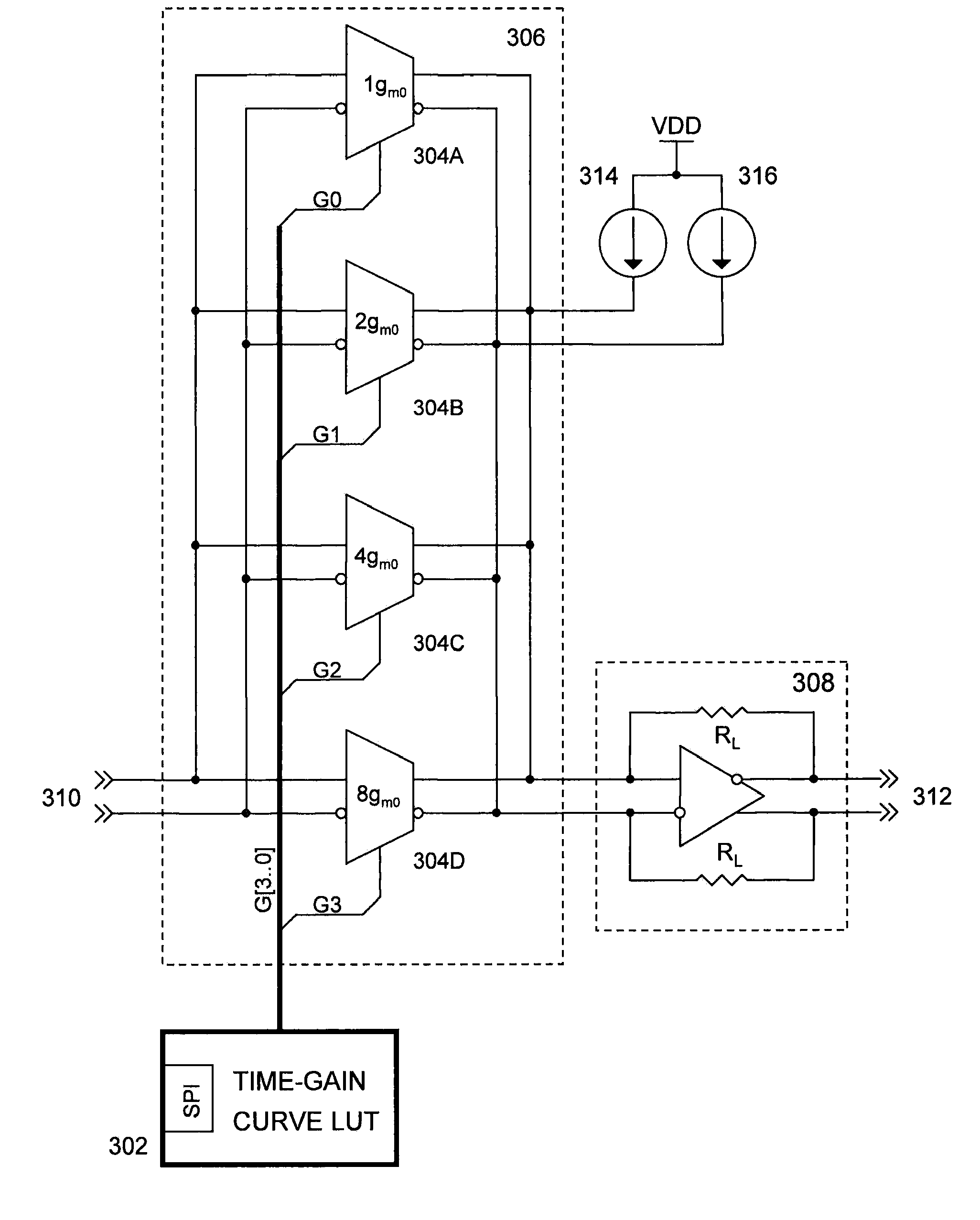 Low noise binary-coded gain amplifier and method for time-gain compensation in medical ultrasound imaging