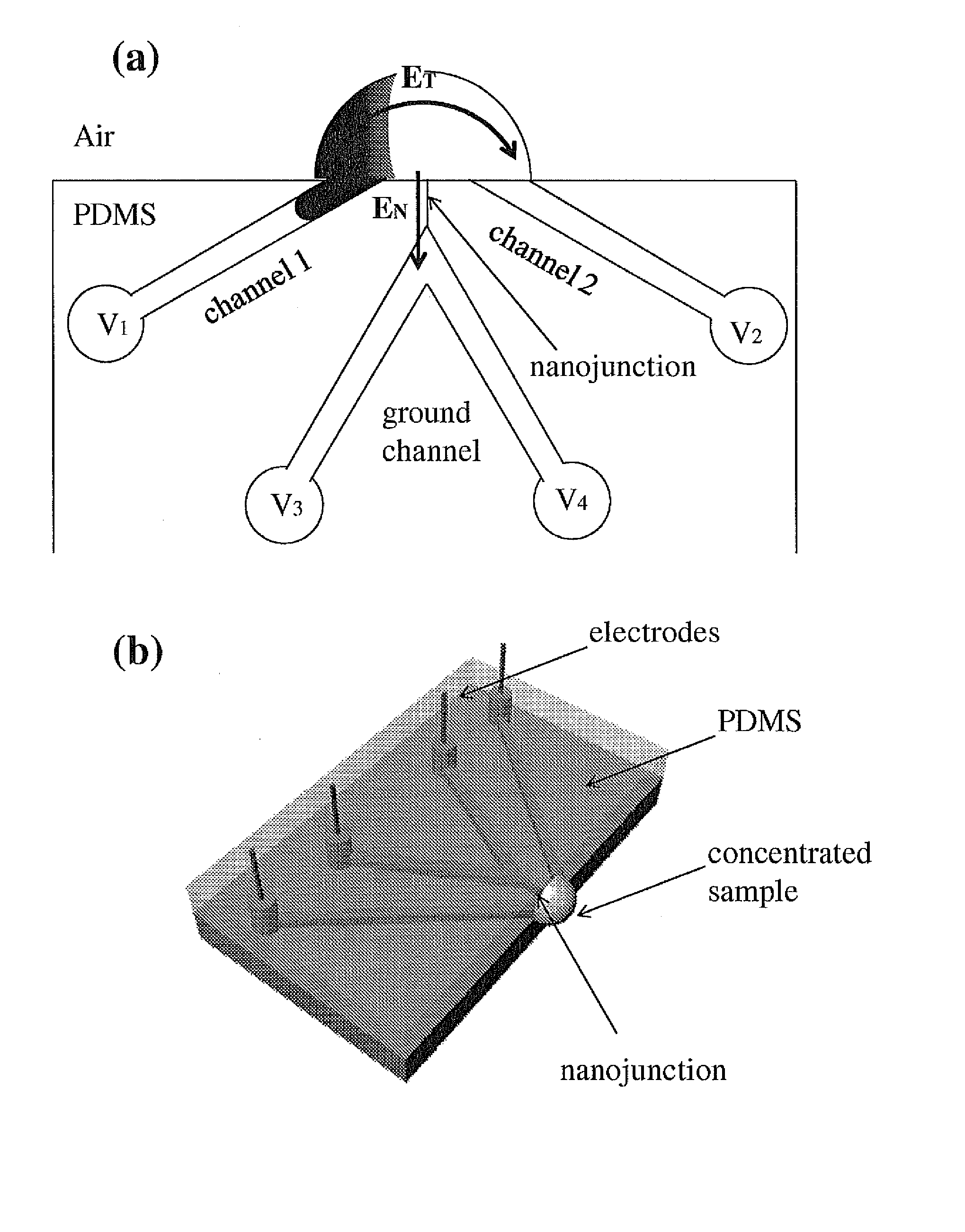 Nanofluidic preconcentration device in an open environment