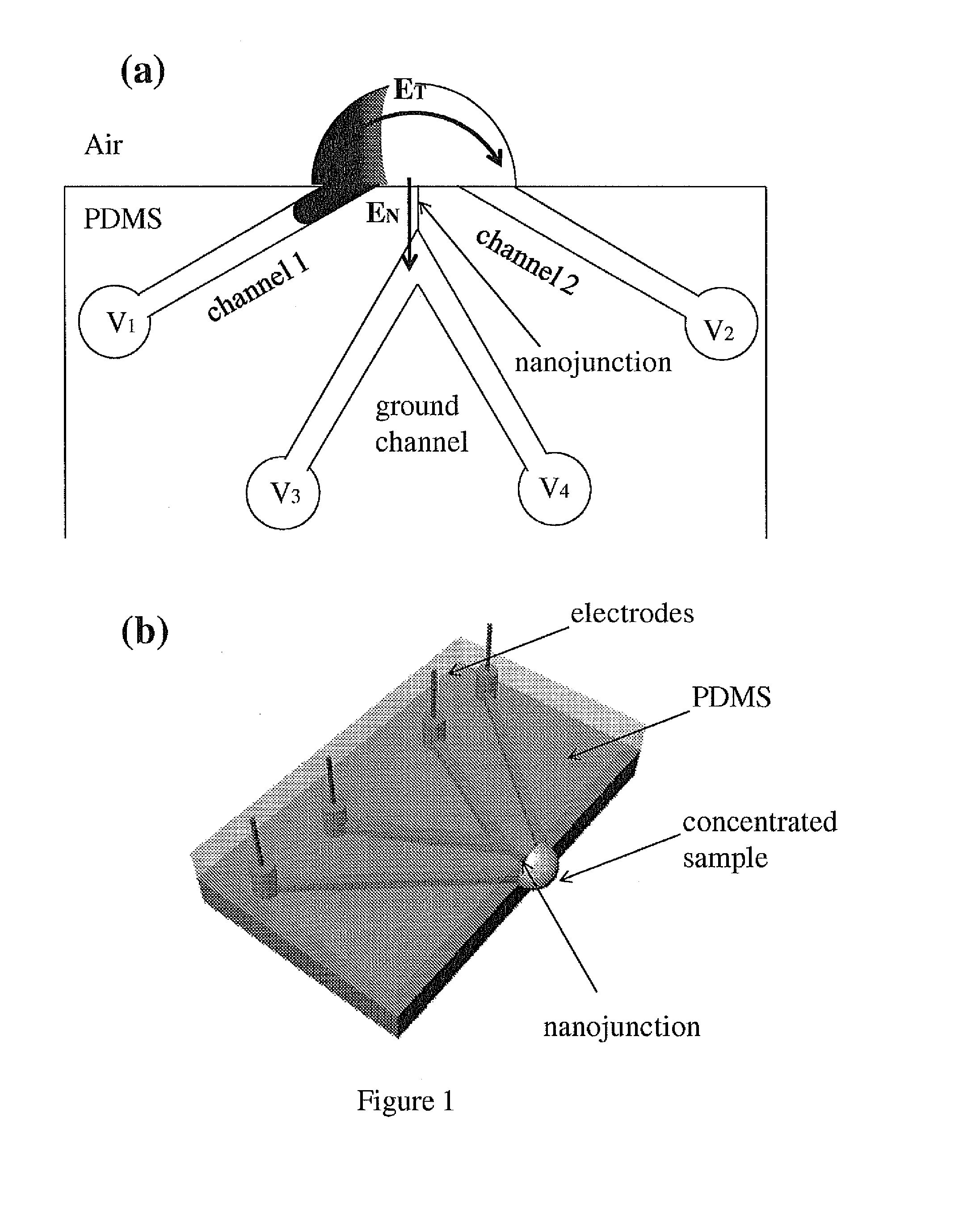 Nanofluidic preconcentration device in an open environment