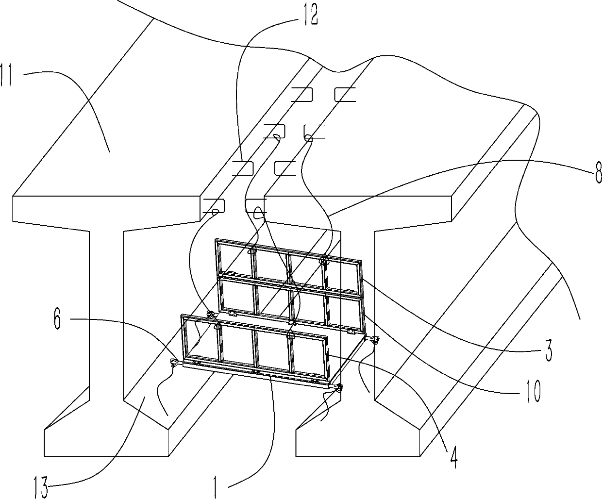 Hanging basket for hogging moment construction in finite space of middle beams of T-beams and using method of hanging basket