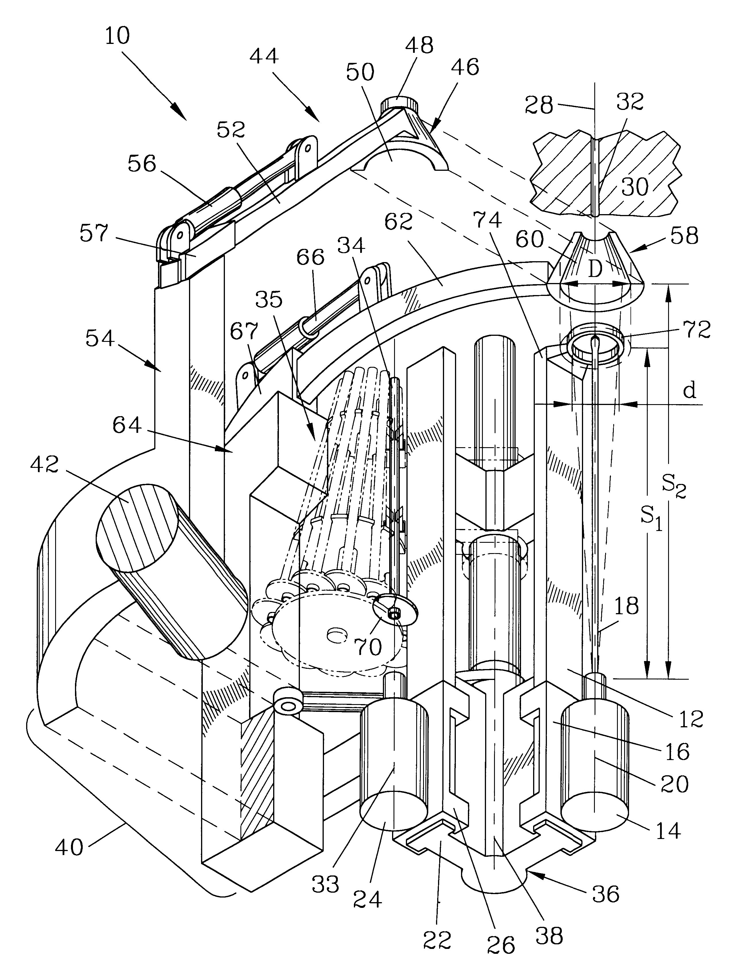 Turret rock bolter with stinger/centralizer