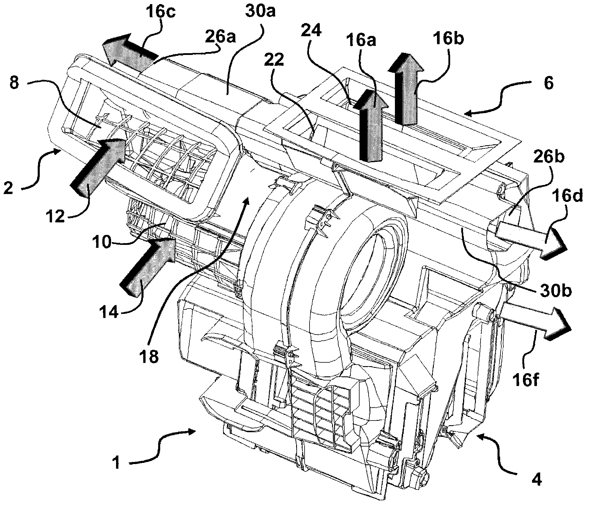 Compact heating, ventilation and/or air-conditioning device