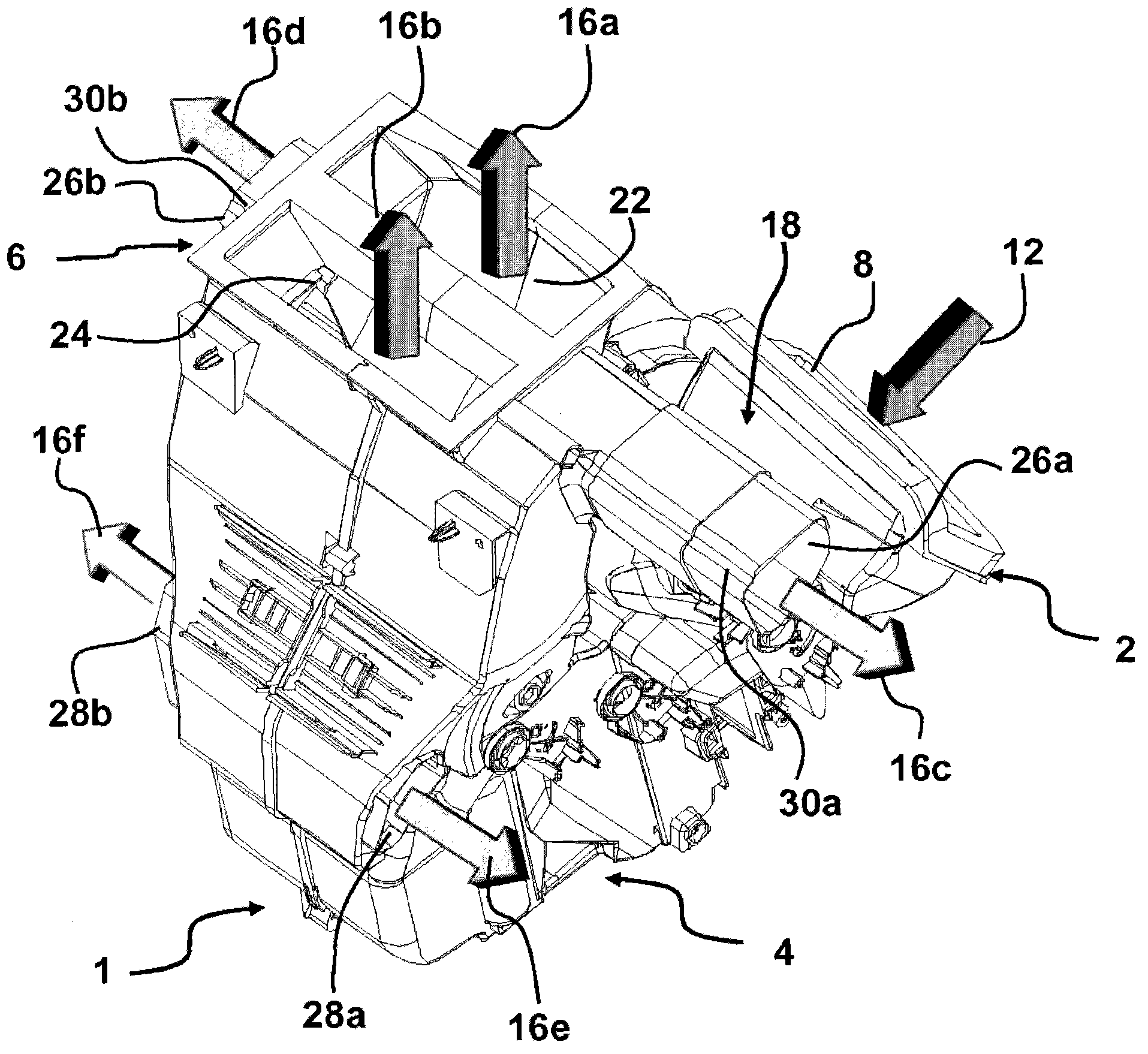 Compact heating, ventilation and/or air-conditioning device