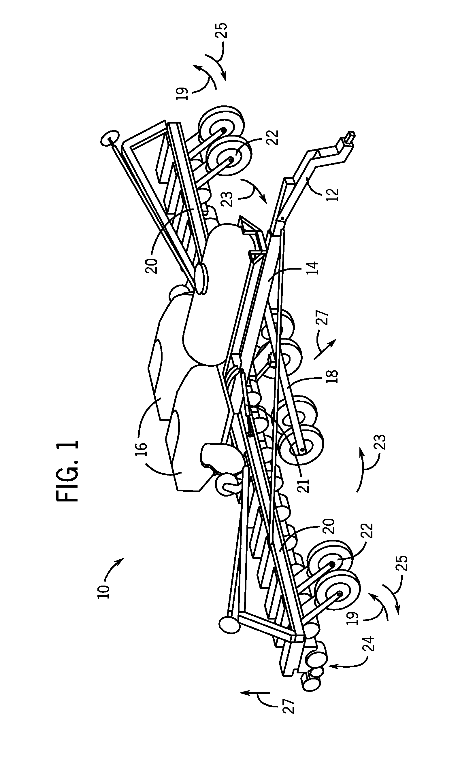 Implement frame with front folding wings and transport wheels