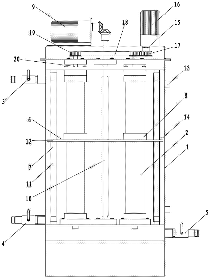 A tubular membrane filtration device that automatically scrubs the surface of the membrane