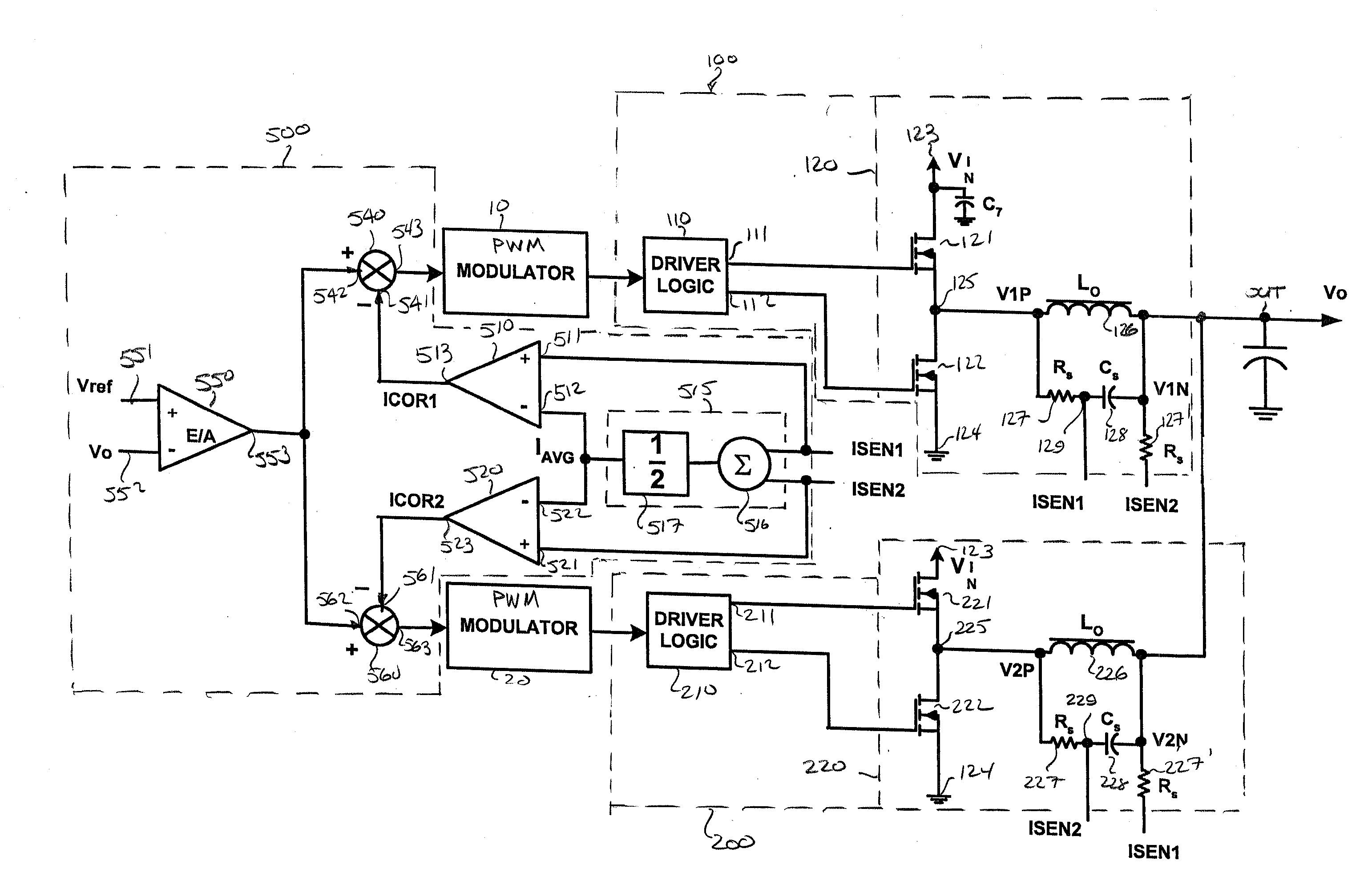 Multi-phase dc-dc converter using auxiliary resistor network to feed back multiple single-ended sensed currents to supervisory controller for balanced current-sharing among plural channels