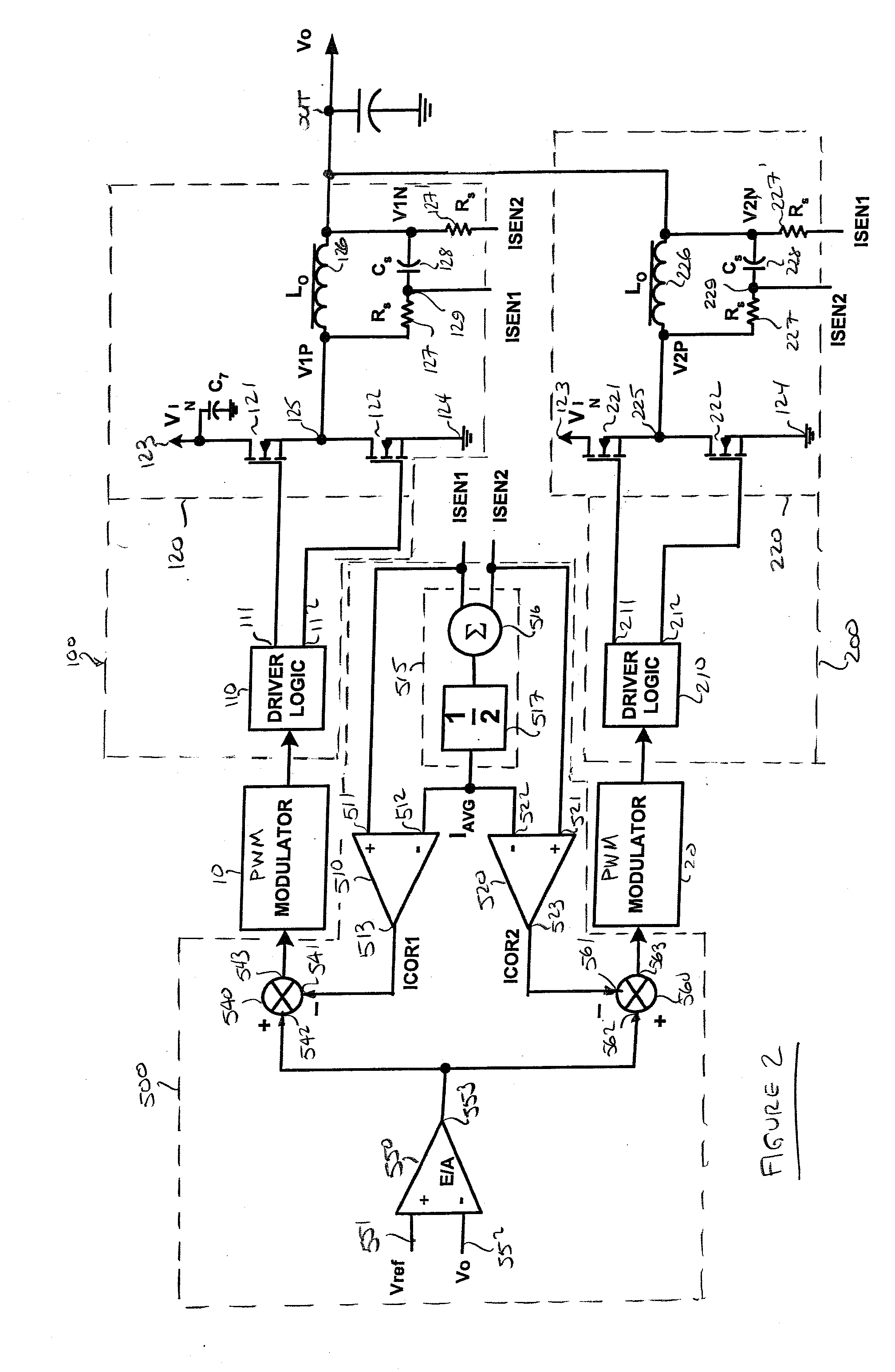 Multi-phase dc-dc converter using auxiliary resistor network to feed back multiple single-ended sensed currents to supervisory controller for balanced current-sharing among plural channels