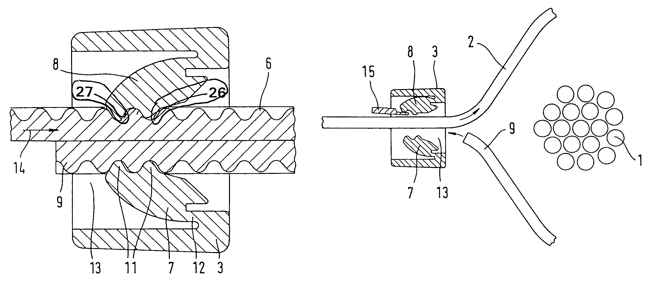 Array and method for tying cable trees and the like and method for the production of strips