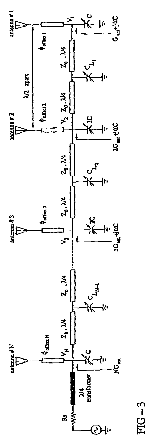 Phased array antenna with extended resonance power divider/phase shifter circuit