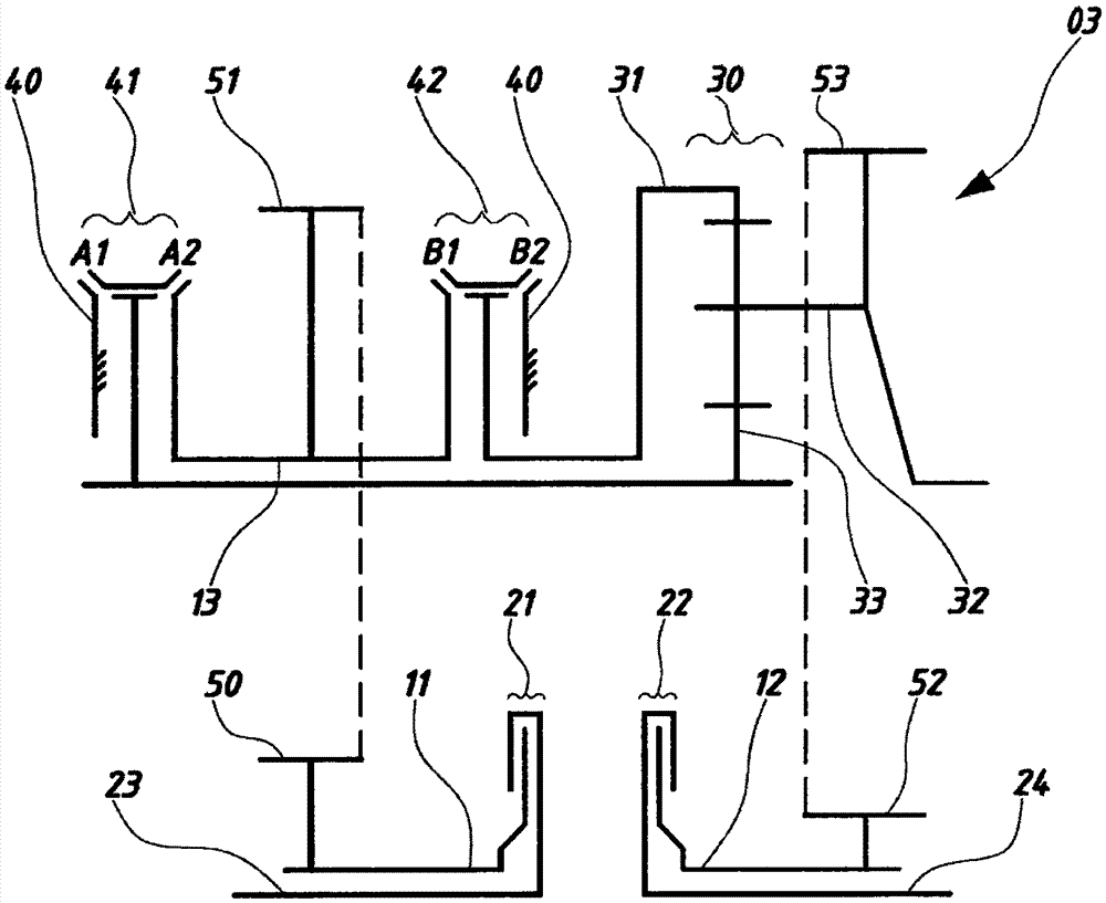 Three-speed transmission provided with two input shafts