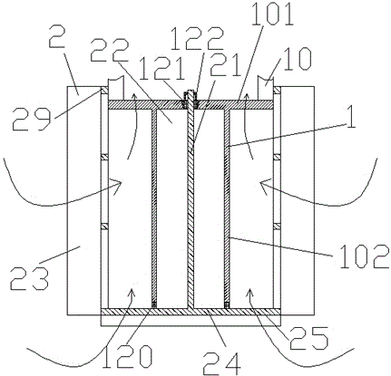 Liquid feed with layered sealing strip and connection with radial slots