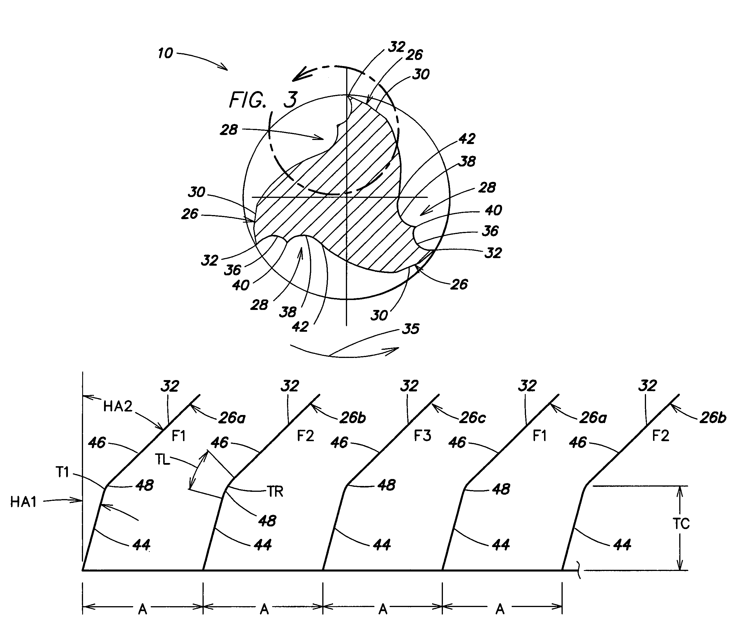 Helical flute end mill with multi-section cutting edge