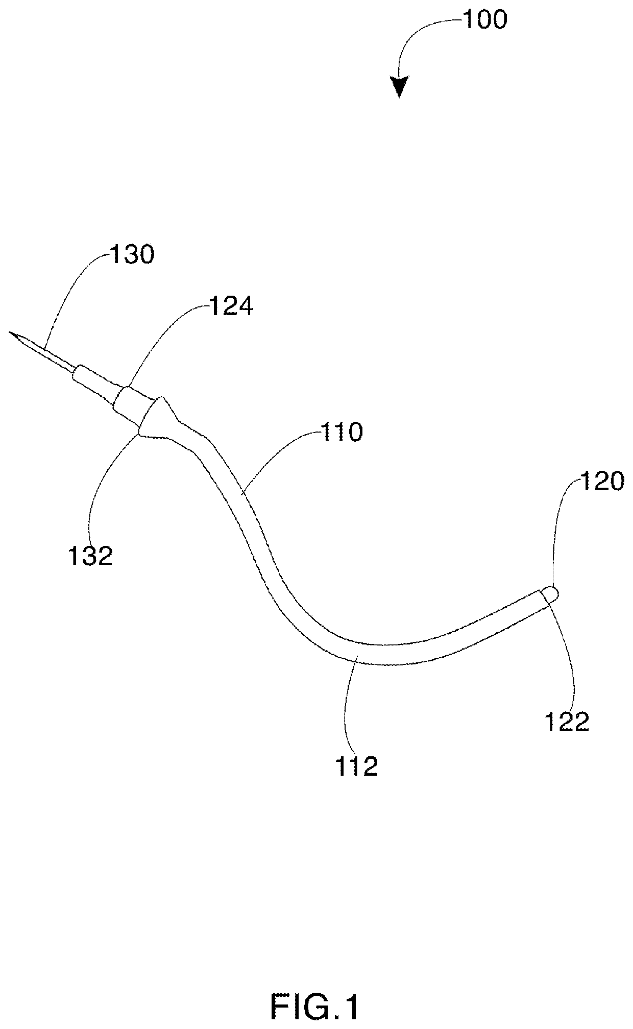 Writing instrument having an elongated tip with a curvature system