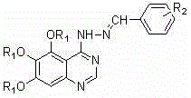 4-[2-(substituted benzylidene) hydrazino]-5, 6, 7-trialkoxy quinazoline compound and preparation method and application