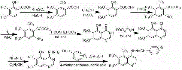 4-[2-(substituted benzylidene) hydrazino]-5, 6, 7-trialkoxy quinazoline compound and preparation method and application