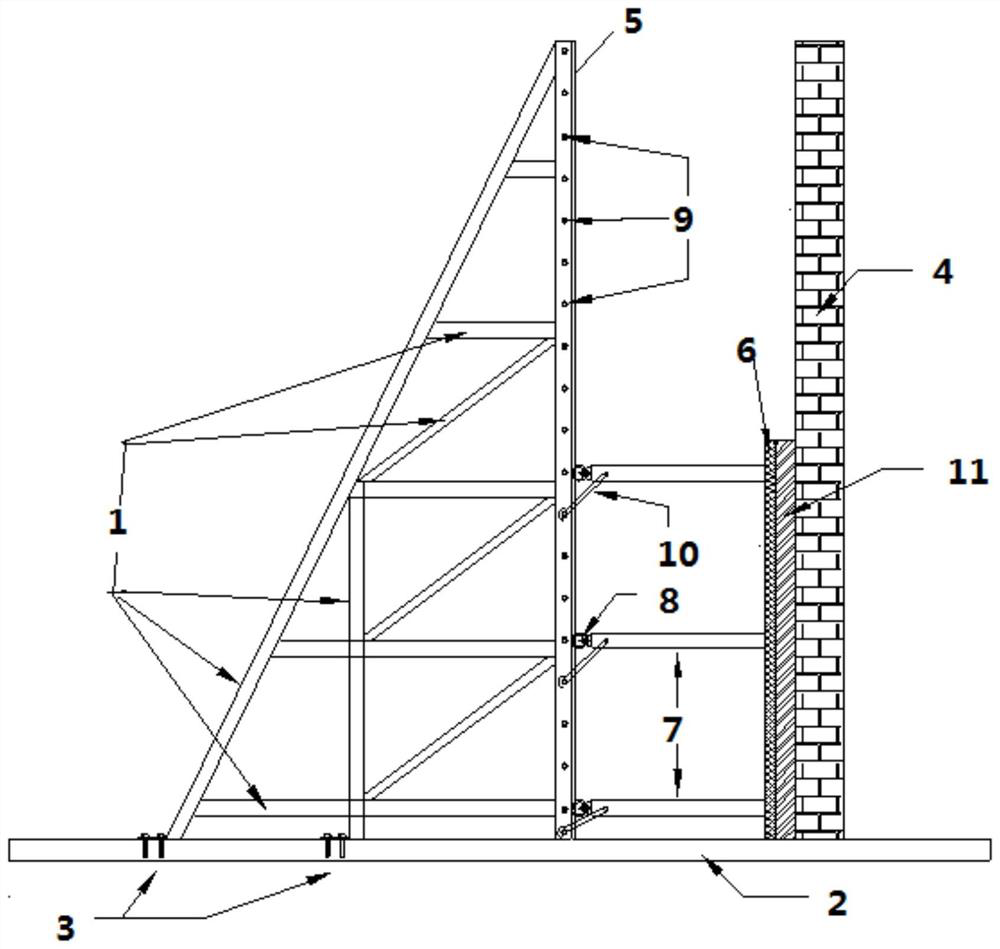 Sliding formwork supporting device for brick wall reinforcement and construction method