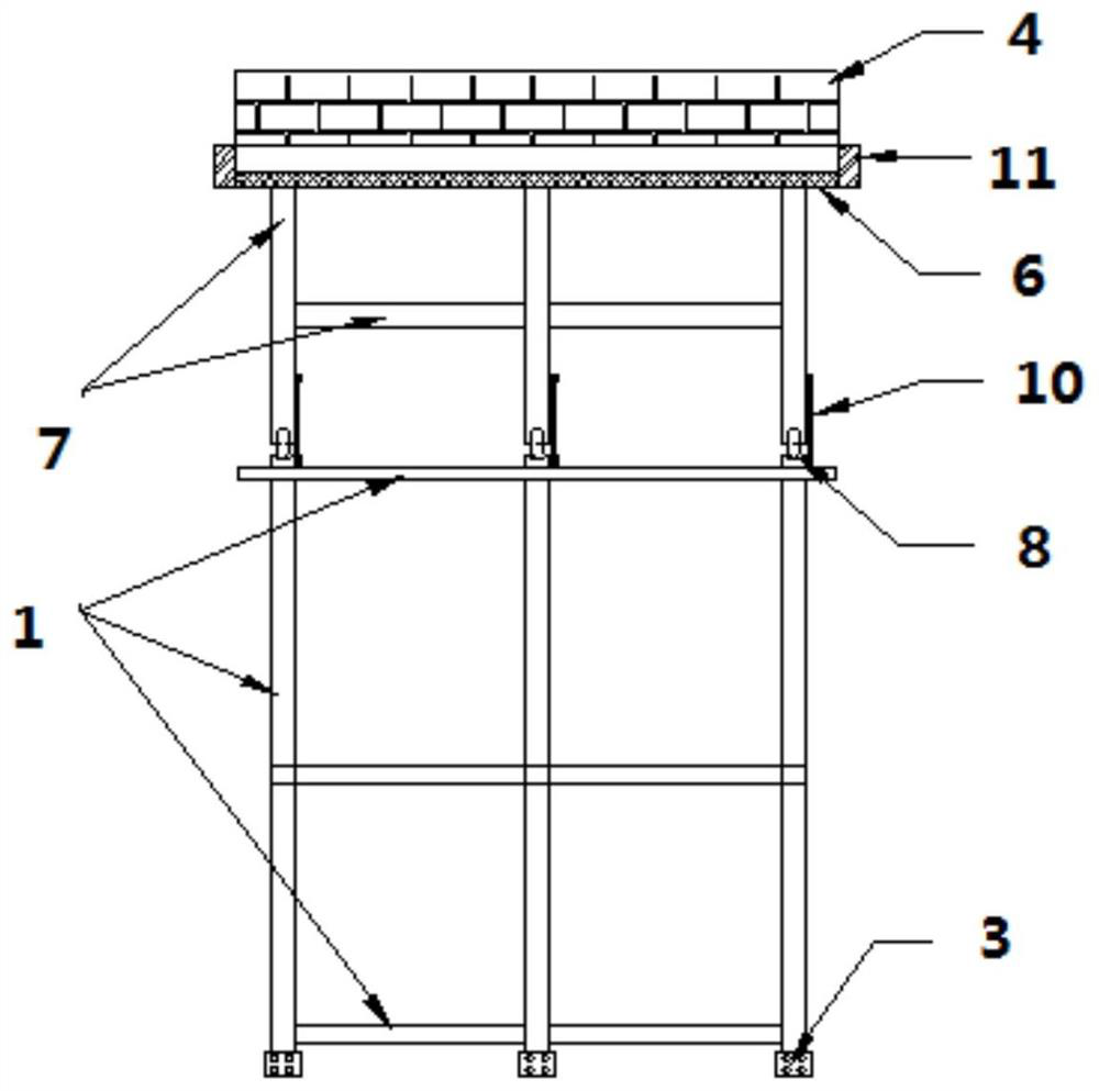 Sliding formwork supporting device for brick wall reinforcement and construction method