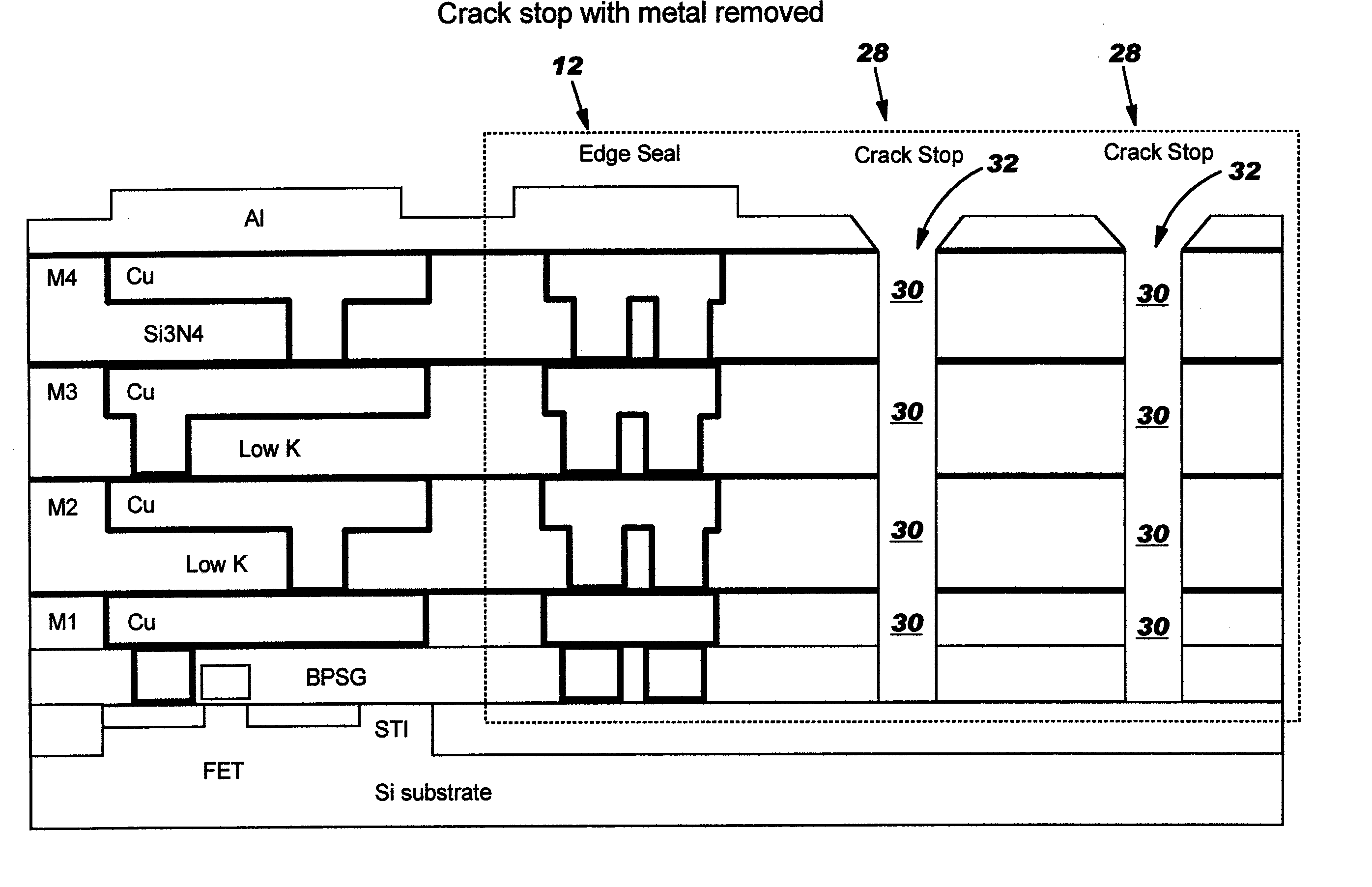 Crack stop for low k dielectrics