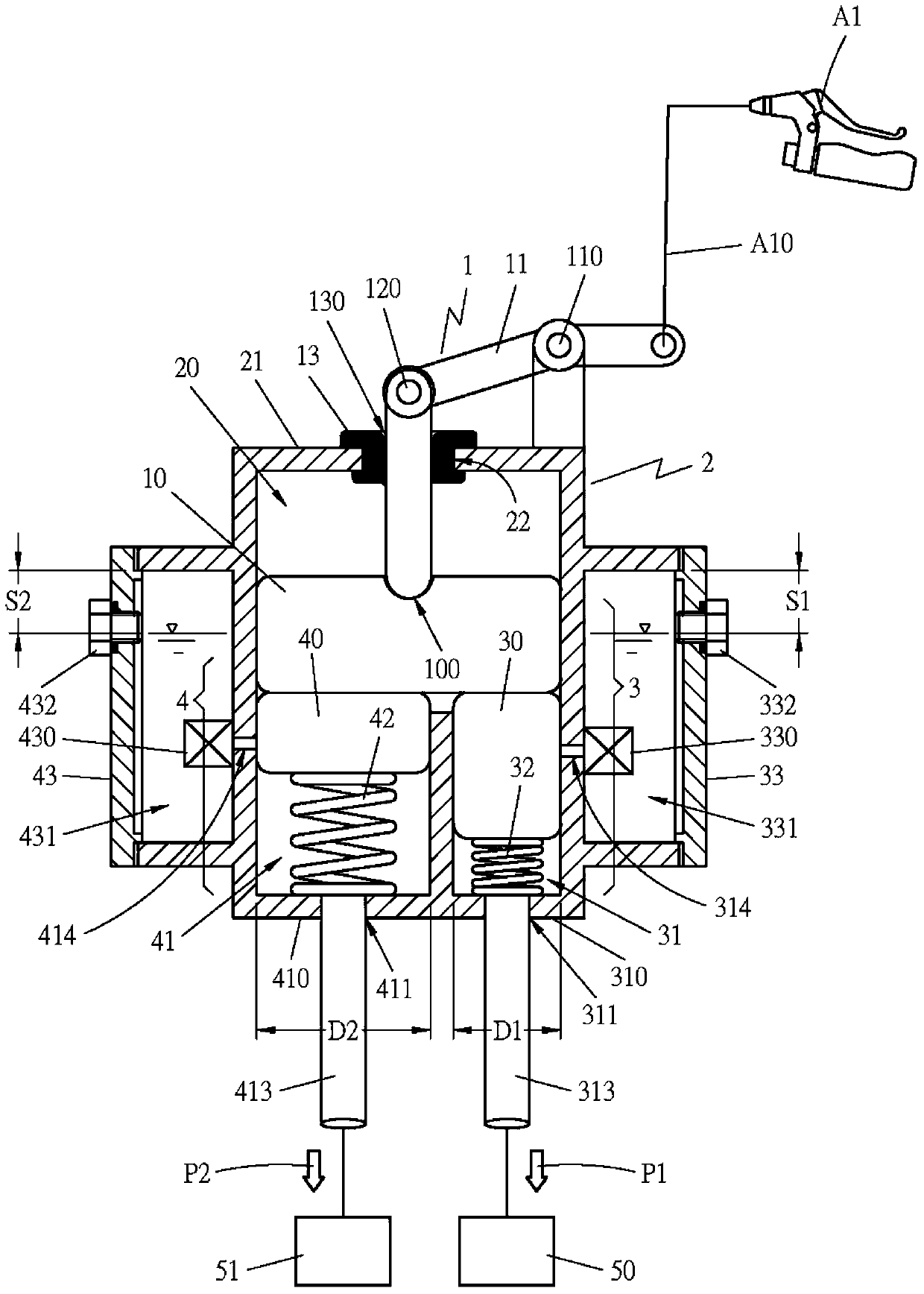 Hydraulic time difference brake device and its assembly