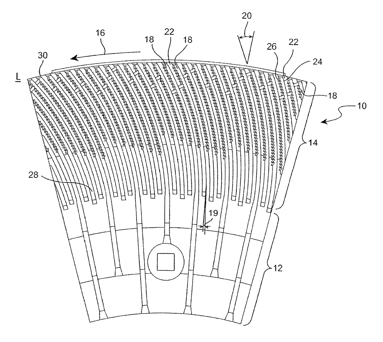 Rotor refiner plate element for counter-rotating refiner having curved bars and serrated leading edges