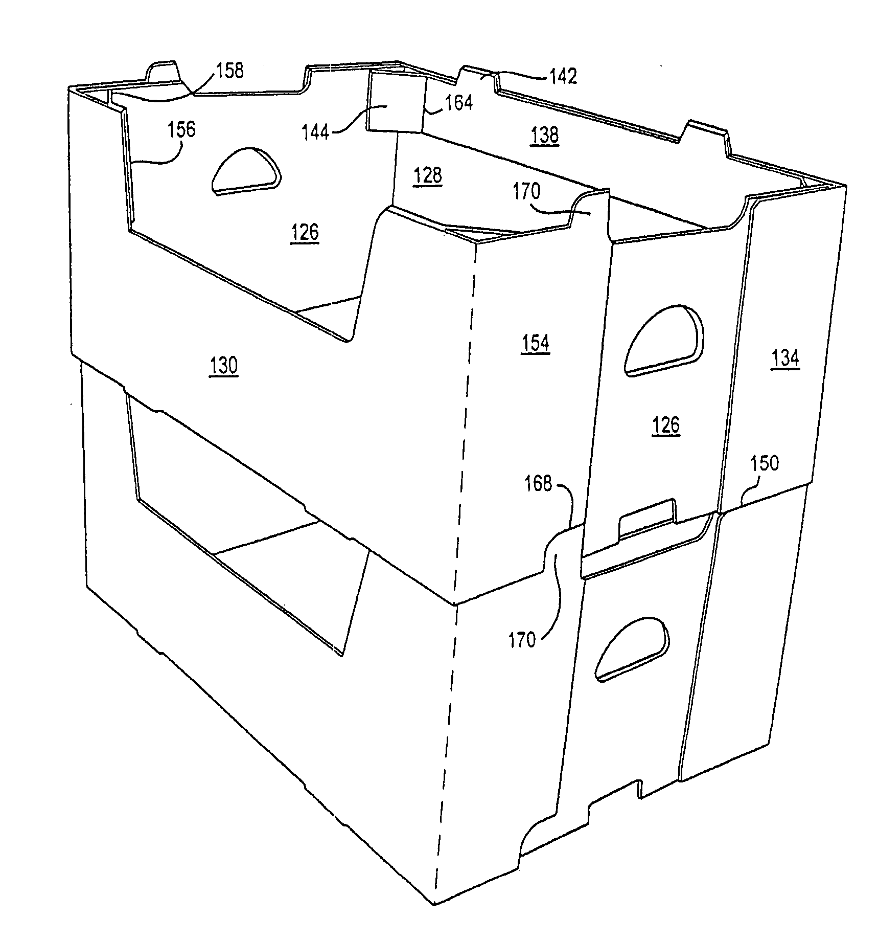 Containers with tapered sidewalls and stacking tabs