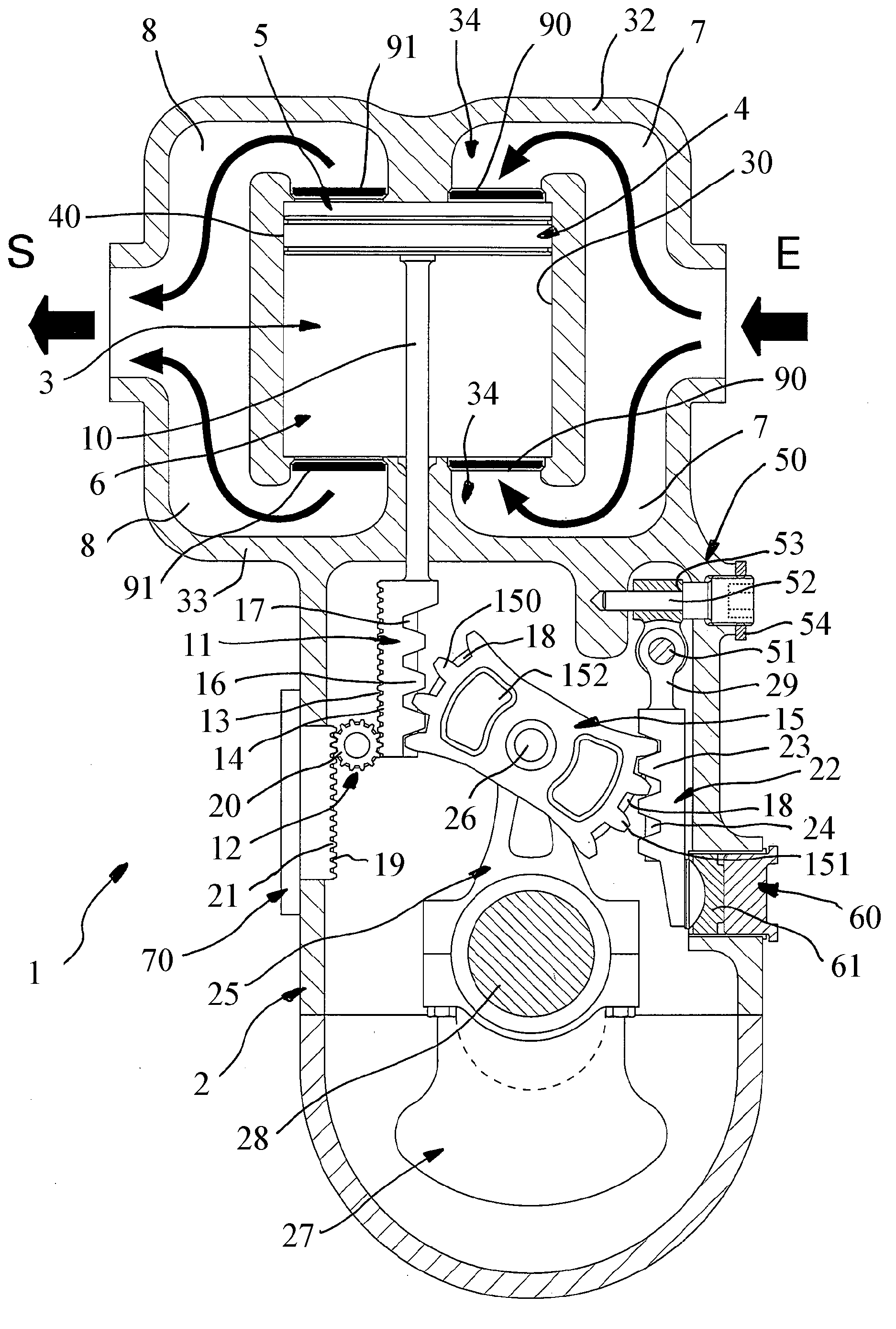 Double-acting piston compressor guided by a roller and driven by a gearwheel and racks