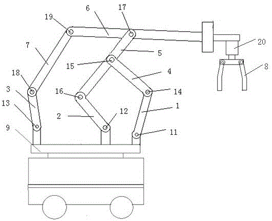 Novel fodder stacking mechanical arm adopting servo motors to drive multi-freedom-degree connecting rod mechanism