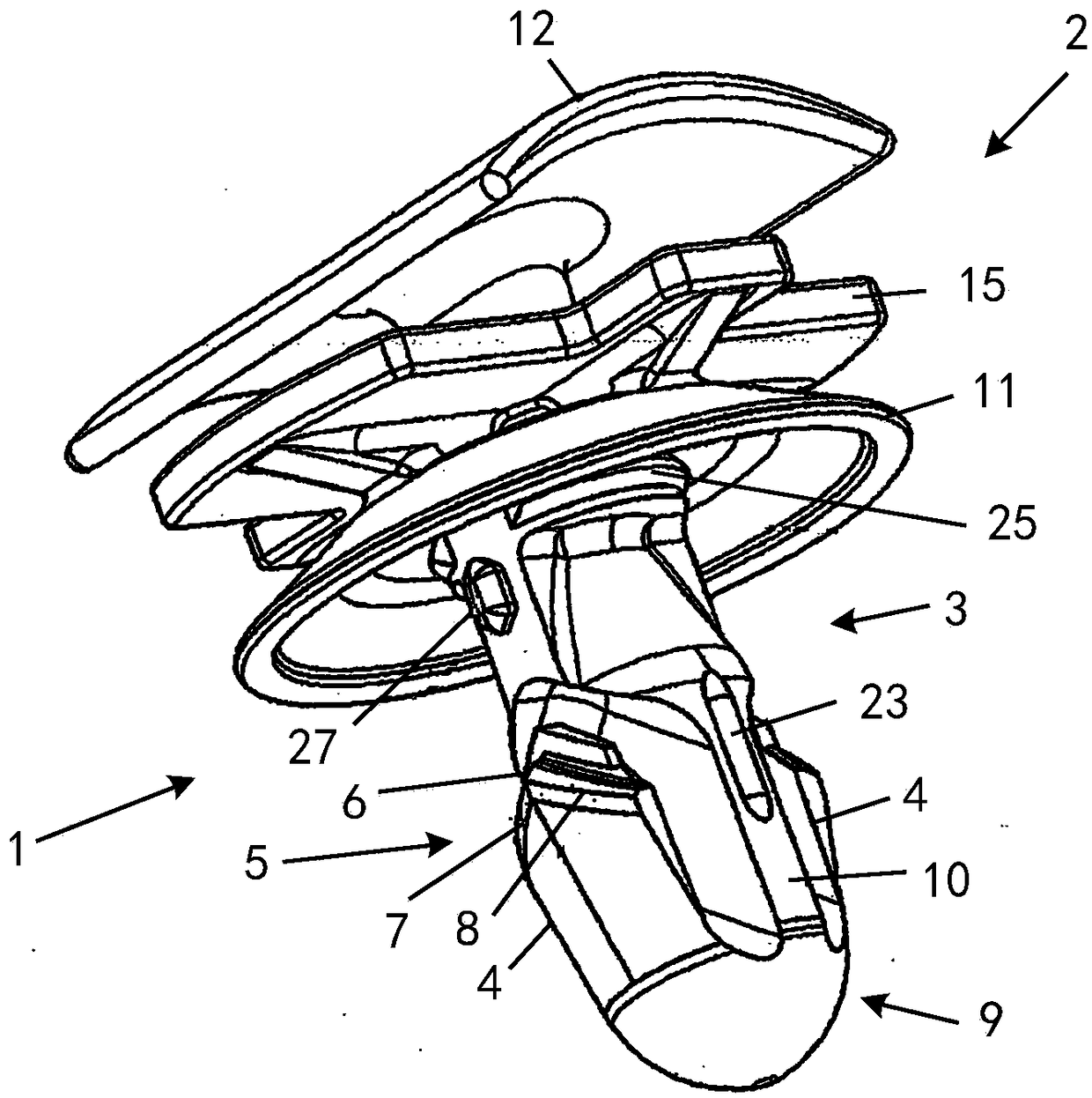 Device for retaining a component to be secured to a support part, system, and use of a device for retaining a component