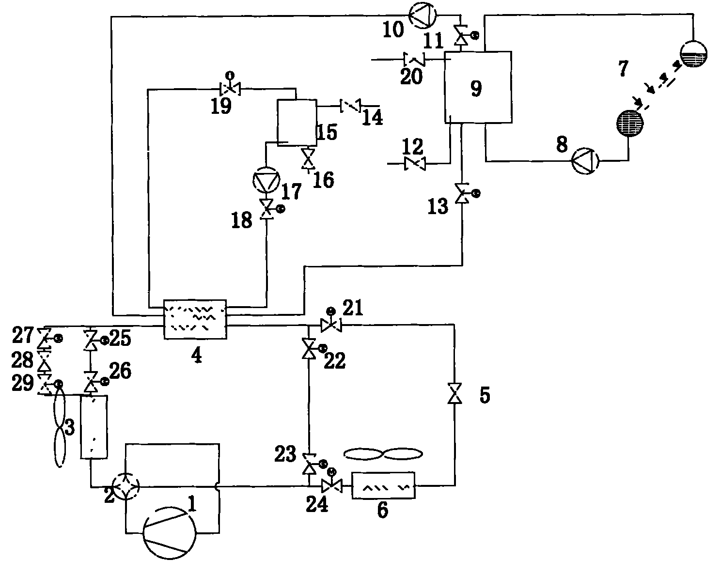 All-weather solar and sewage energy mixed auxiliary heat pump water heater system