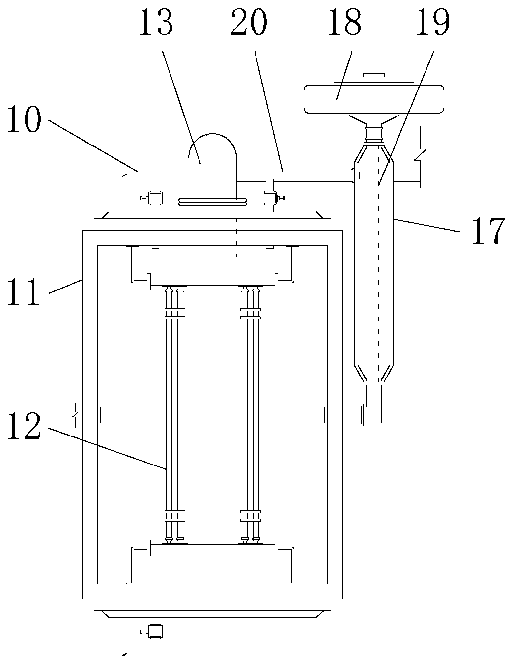 Pressuring, catalyzing and purifying treatment device for efficient combustion waste gas heat energy recycling