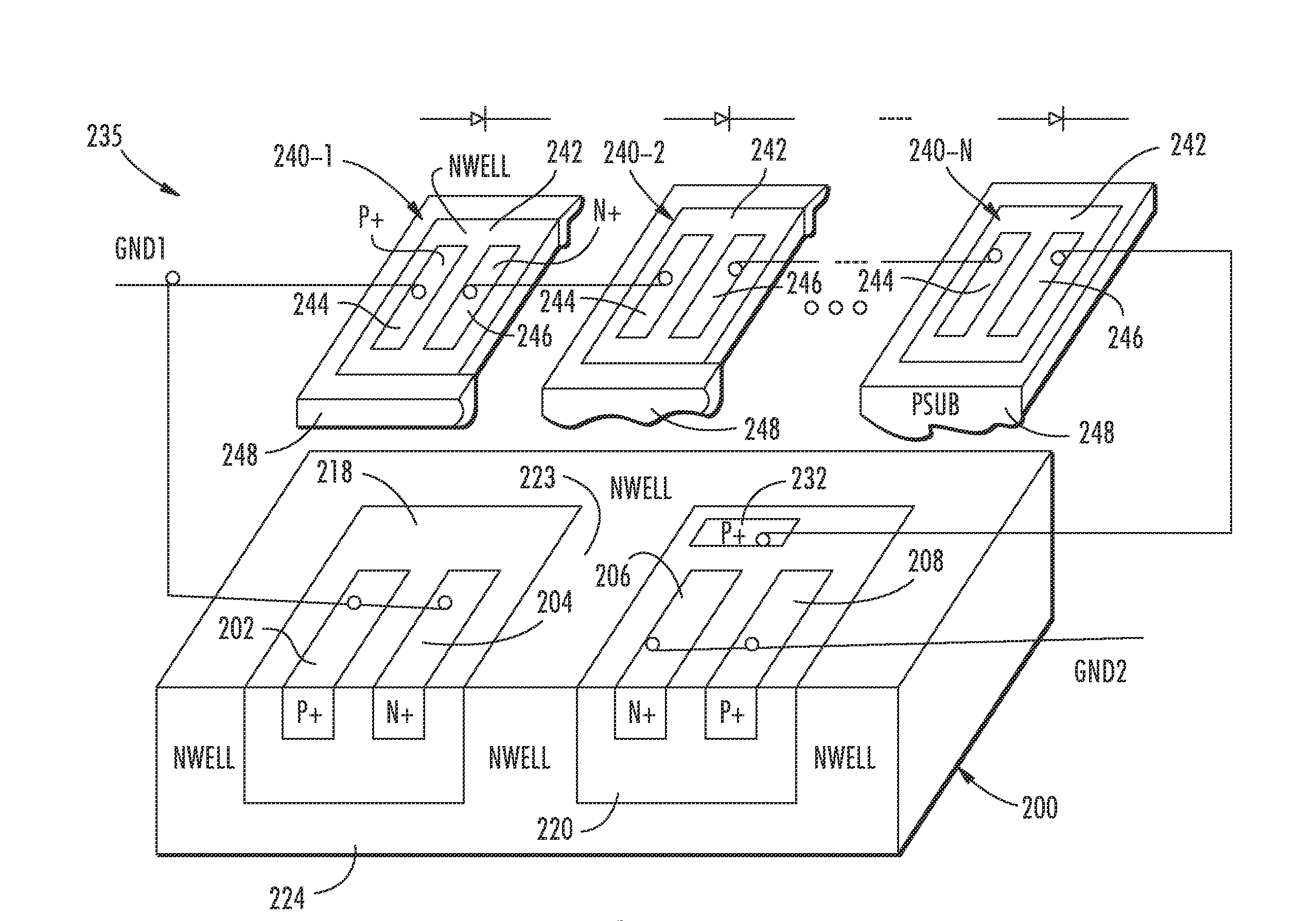 Tunable voltage isolation ground to ground ESD clamp